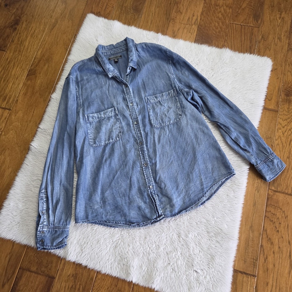 Peruvian Connection Chambray Button Up Shirt Women's XL Tencel Long Sleeve Blue